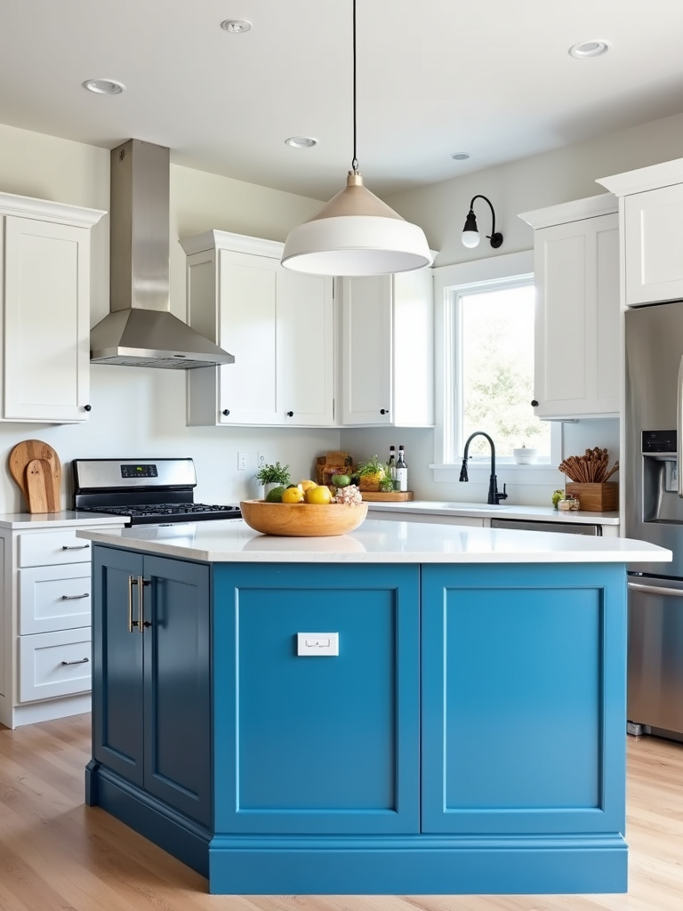 A white kitchen with a vibrant blue kitchen island serving as a bold color accent.