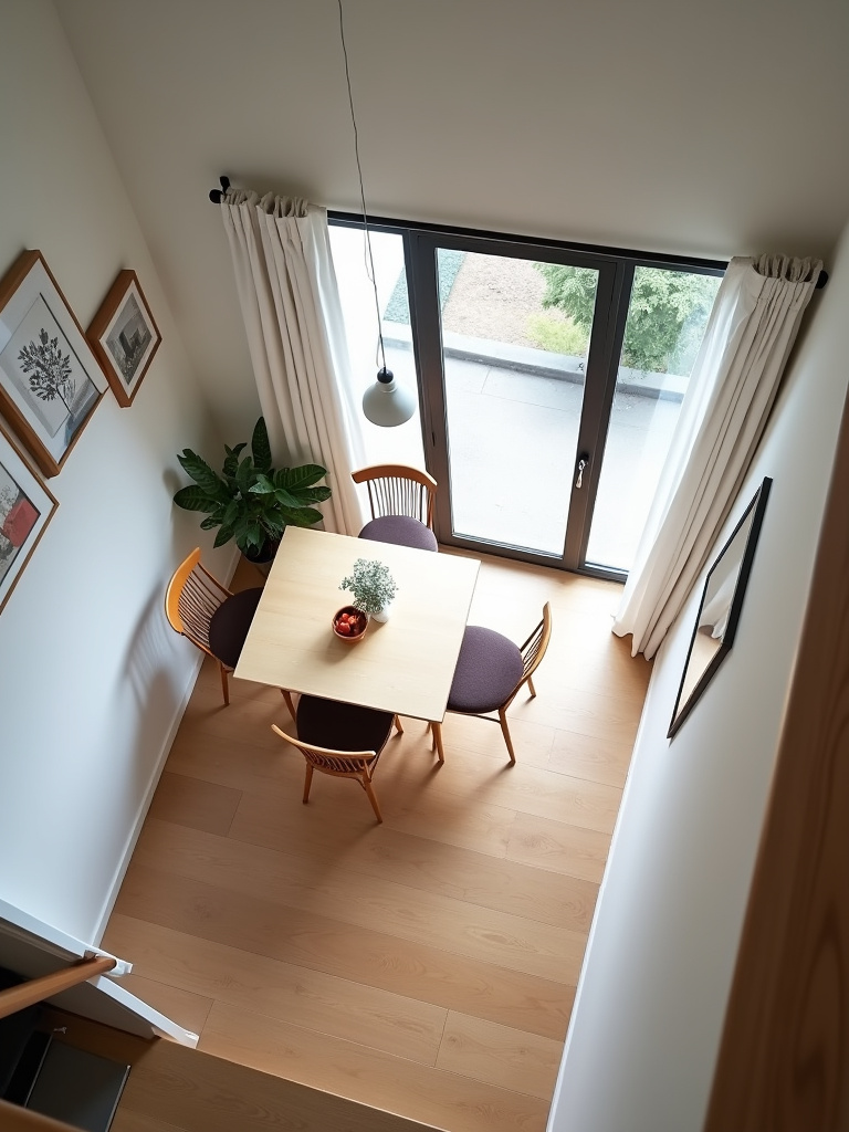 A small, modern apartment dining area with a square dining table and four chairs, bathed in natural light.