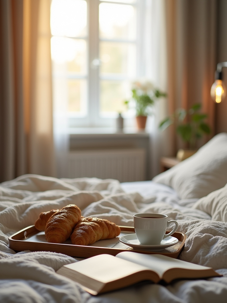 A cozy bedroom scene in the morning featuring a breakfast tray on the bed with coffee and pastries.