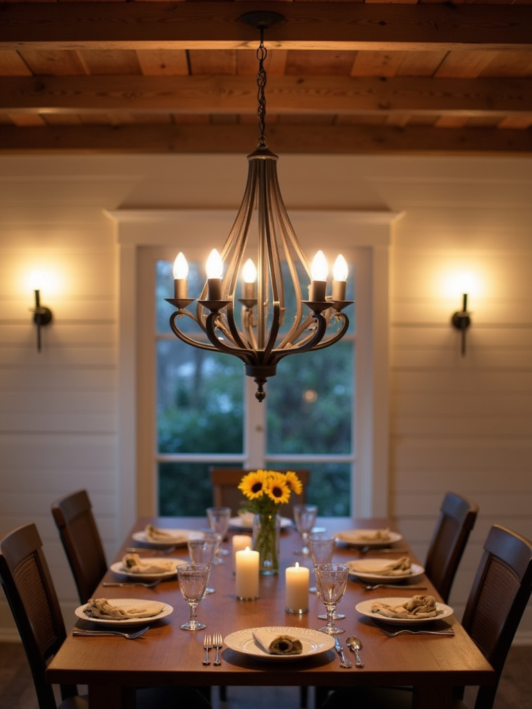 Farmhouse dining room illuminated by a statement wrought iron chandelier.