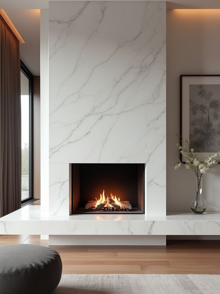 Statement fireplace made of white marble in a luxury living room.