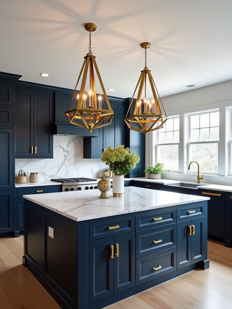 Large gold geometric statement pendant lights above a kitchen island with dark blue cabinetry and marble countertops.