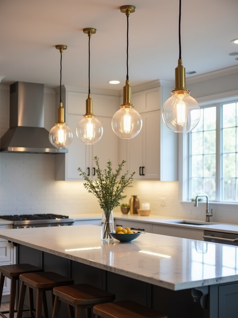 Modern kitchen island with statement pendant lights in brass and glass, illuminating the island and adding a focal design element.
