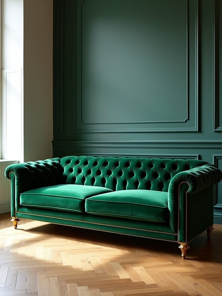 Emerald green velvet Chesterfield sofa in a luxury living room with gold accents.