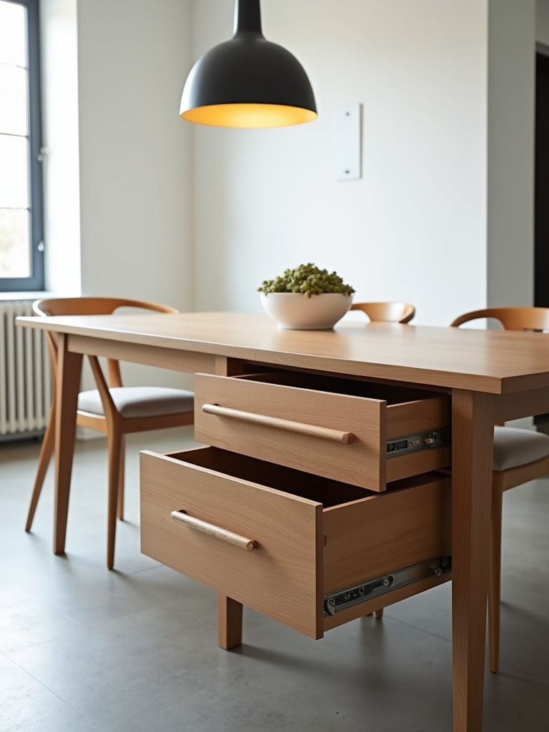 A modern dining room featuring a dining table with hidden drawers built into the apron, subtly showcasing its storage functionality.