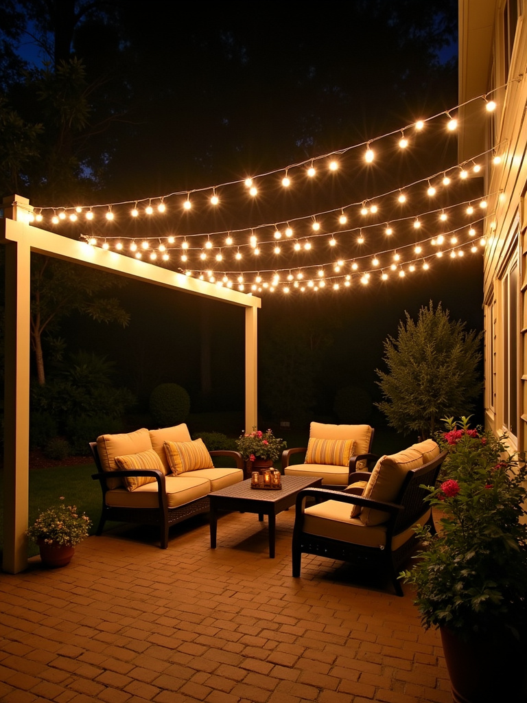 Patio at night illuminated by warm white string lights in a canopy pattern, creating a magical and inviting atmosphere.
