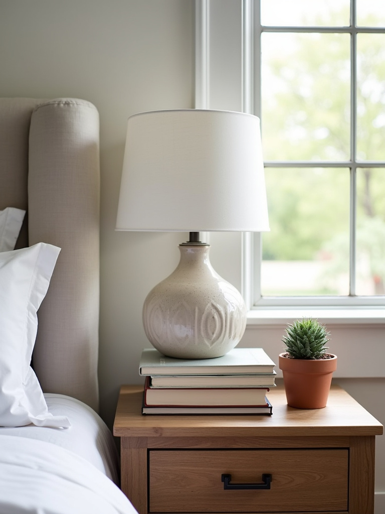 A close-up of a styled wooden nightstand in a farmhouse bedroom with a lamp, books, and a succulent plant.