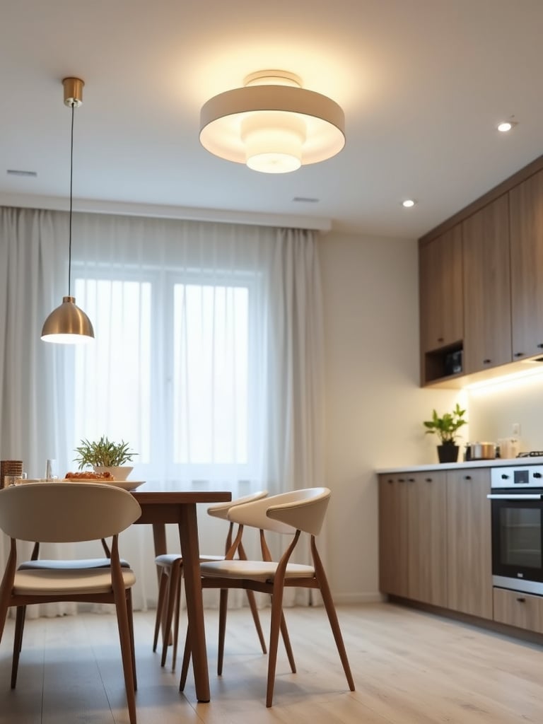 Stylish semi-flush mount light fixture in a dining room with low ceilings.