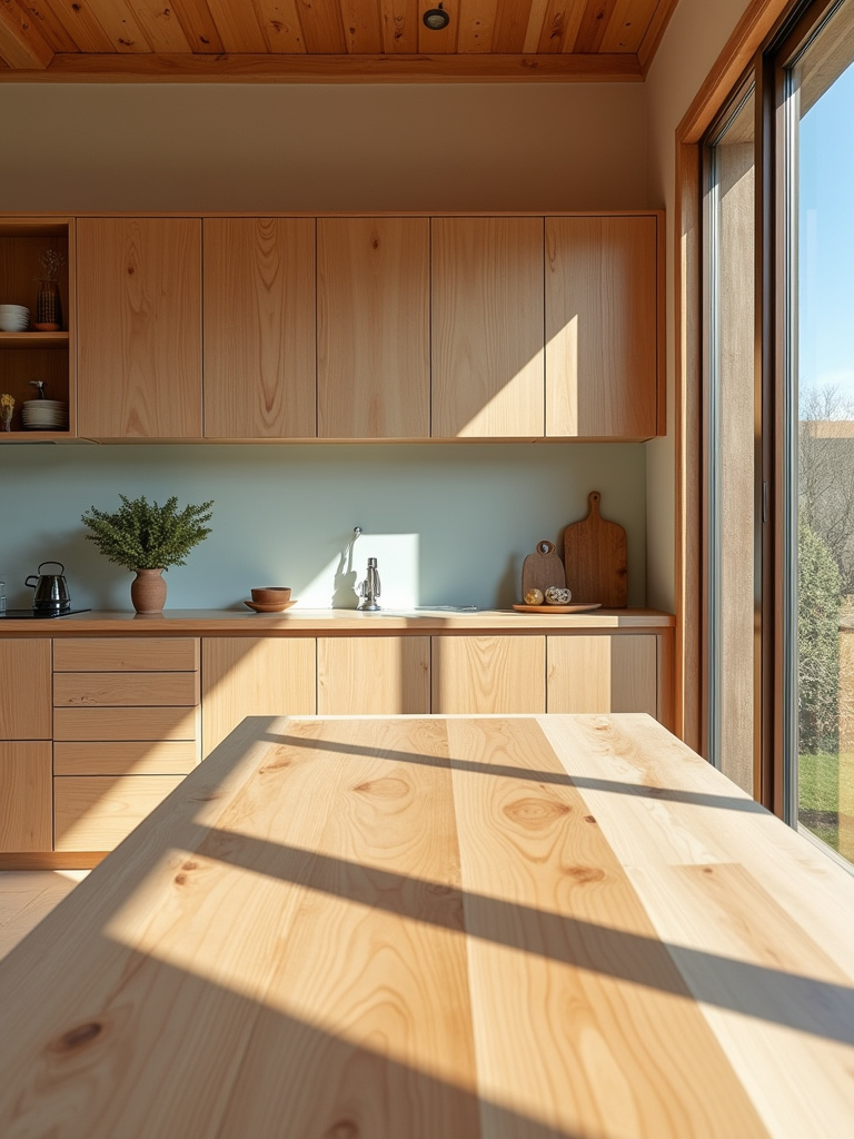 Eco-friendly kitchen with furniture made of light-toned sustainable wood, highlighting natural materials and responsible sourcing.