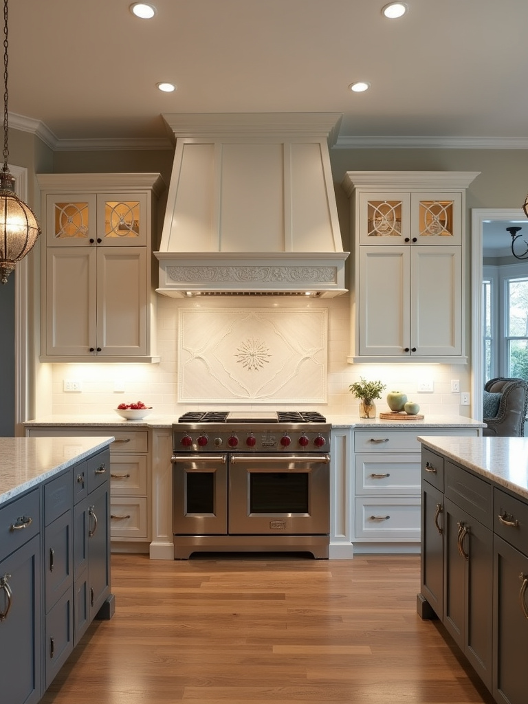 Symmetrical traditional kitchen layout featuring balanced cabinet runs and a central island with pendant lighting.