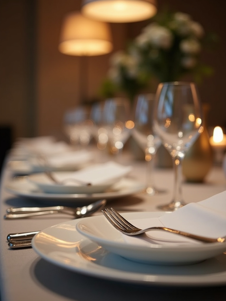 An elegantly set dining table place setting with focus on the cutlery and plates under soft, sophisticated lighting.