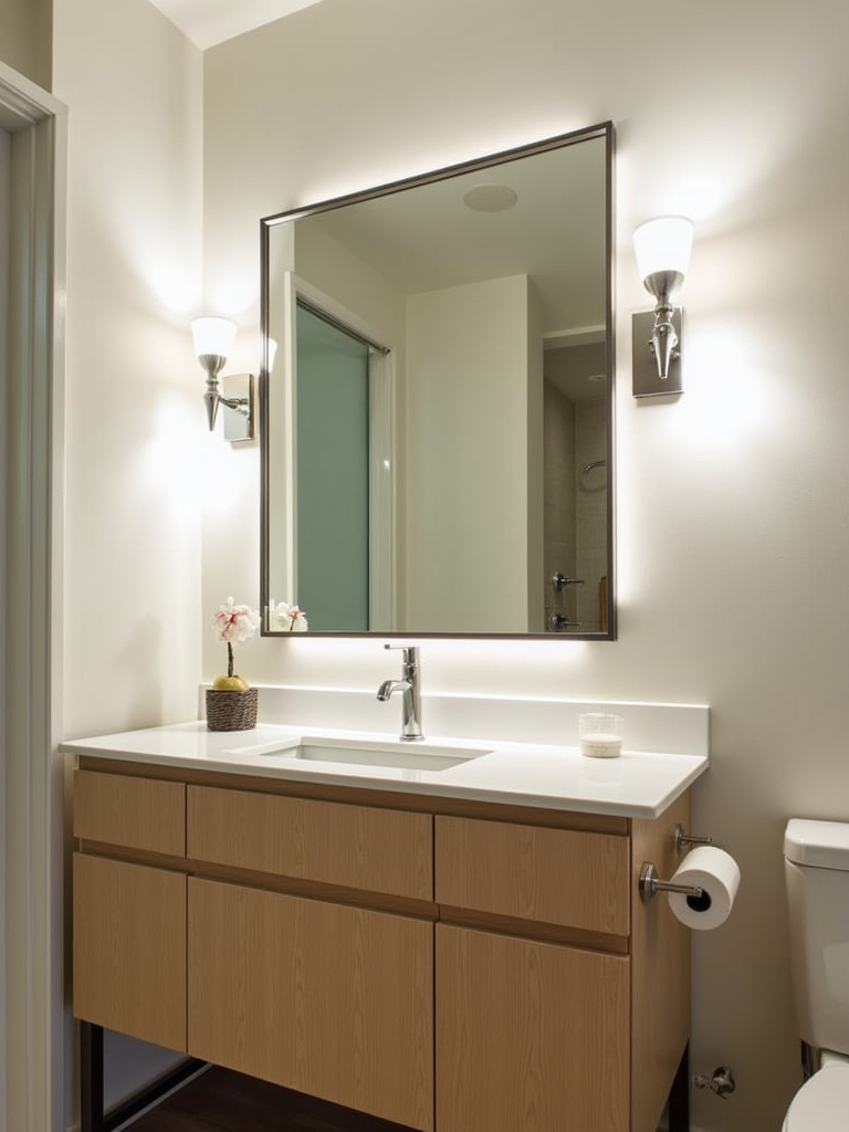 Bathroom vanity with bright, even task lighting from sconces, designed for perfect makeup application and grooming.