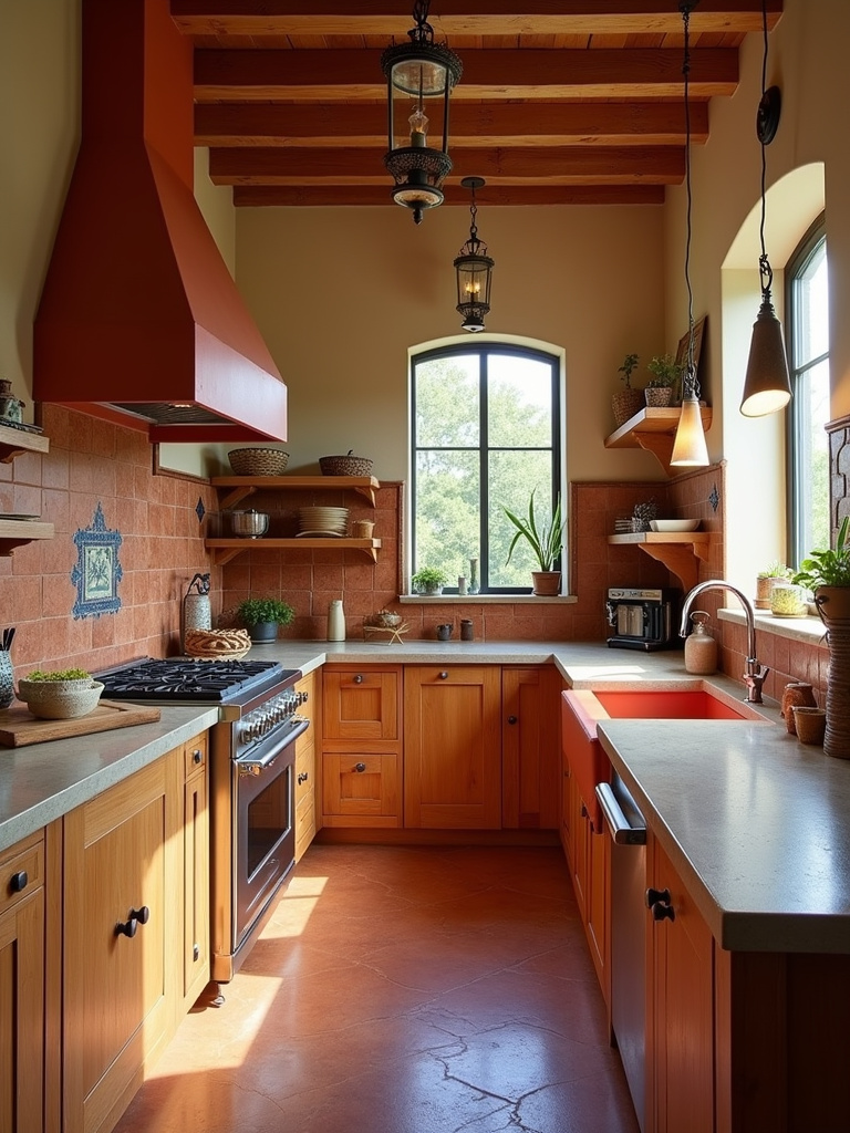 Mediterranean kitchen featuring terracotta-toned concrete countertops, natural wood cabinets, and a terracotta tile backsplash, bathed in warm light.