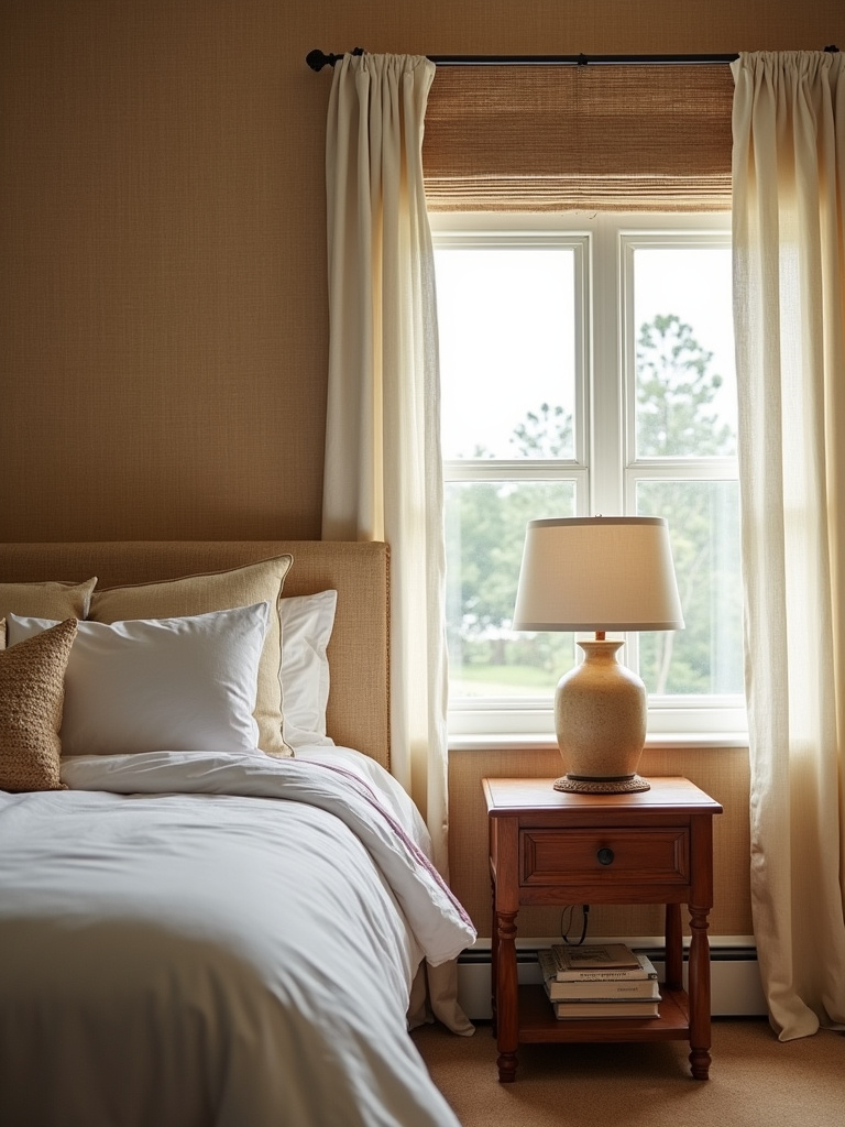 Bedroom with natural grasscloth wallpaper, linen bedding, and warm organic textures.