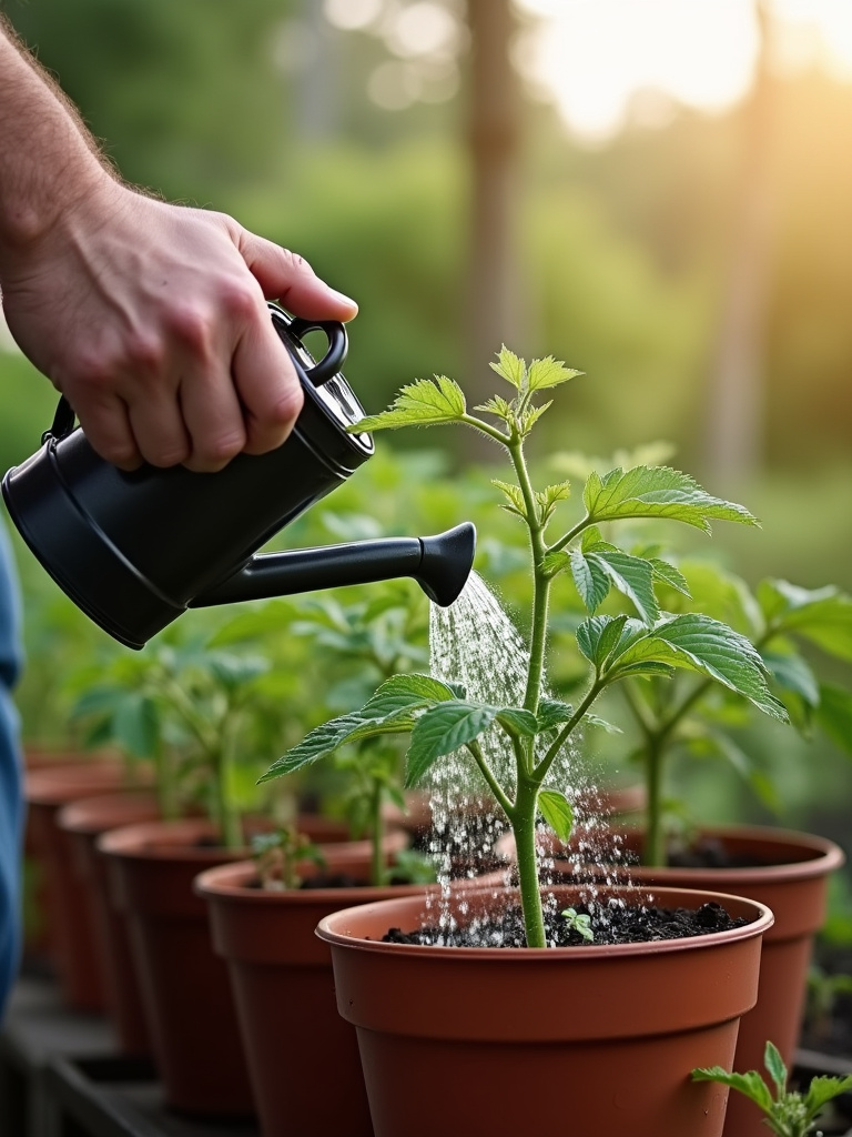 container garden watering techniques including finger test for soil moisture and proper watering until drainage occurs.