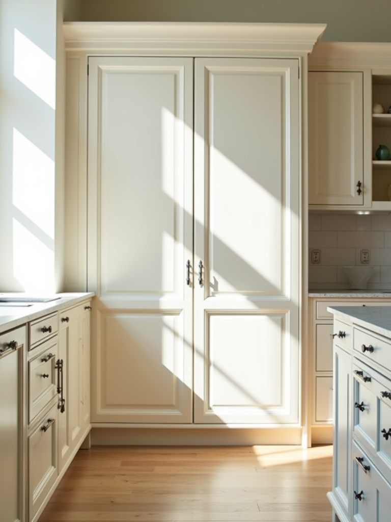 Bright traditional kitchen featuring cream-colored cabinets with classic raised panel doors.