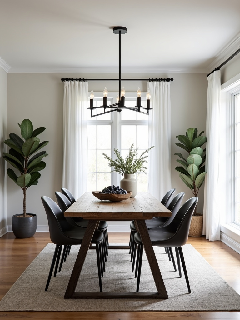 Modern farmhouse dining room showcasing a blend of contemporary and rustic design elements.