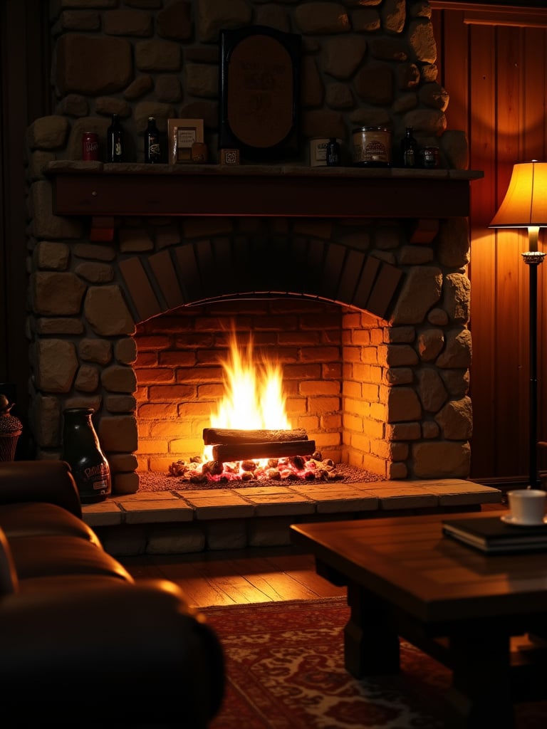 Crackling fireplace providing warmth and ambiance in a rustic cabin-style living room at night.