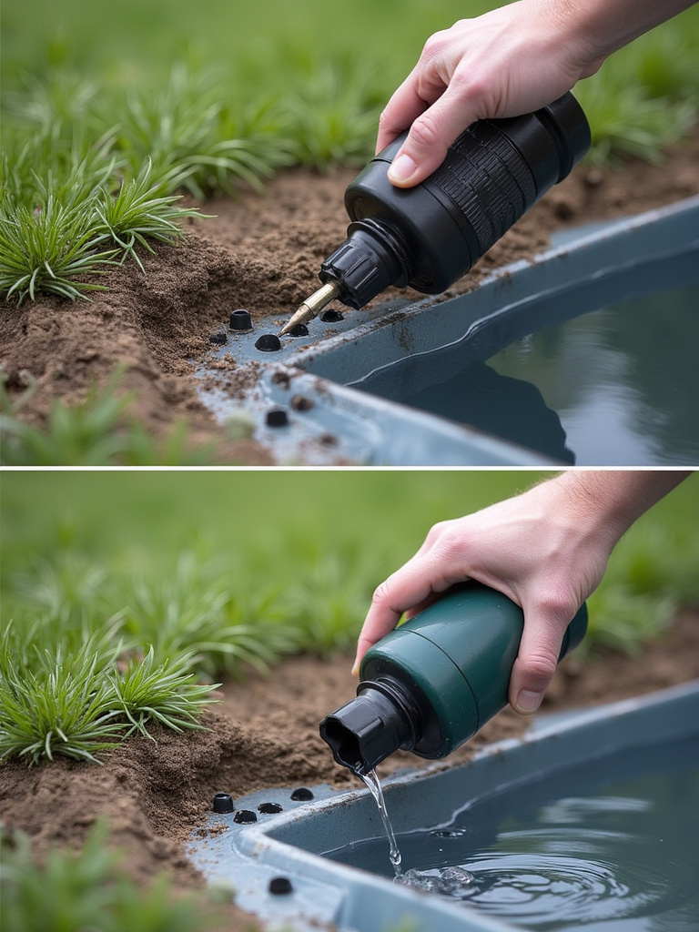 Side-by-side comparison of container drainage techniques - drilling drainage holes and demonstration of proper water flow through a container plant.