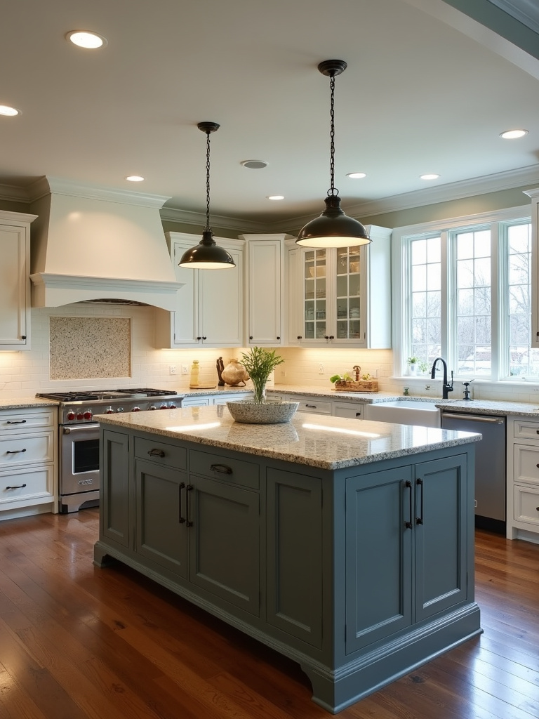 Traditional kitchen with a large furniture-style island in a contrasting color, serving as the kitchen’s central focus.
