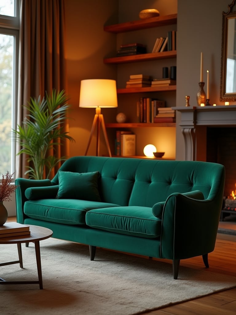 Plush emerald green velvet sofa as the centerpiece of a warm and cozy living room.