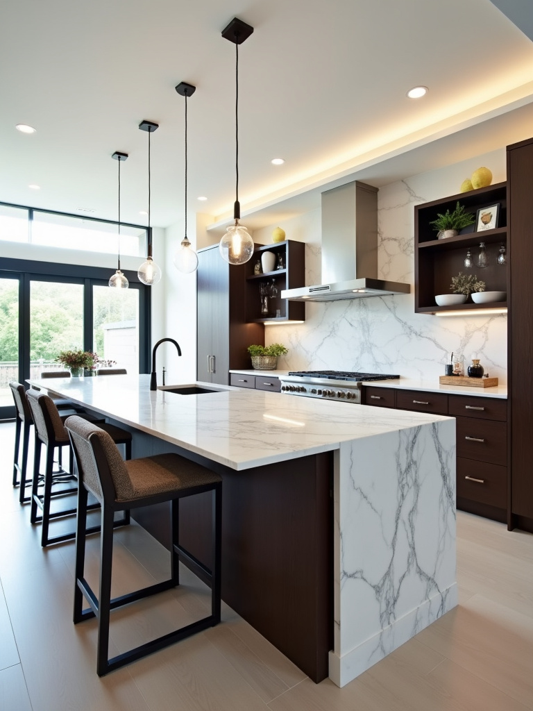 Statement kitchen island with dark wood base and white marble waterfall countertop in a modern kitchen.