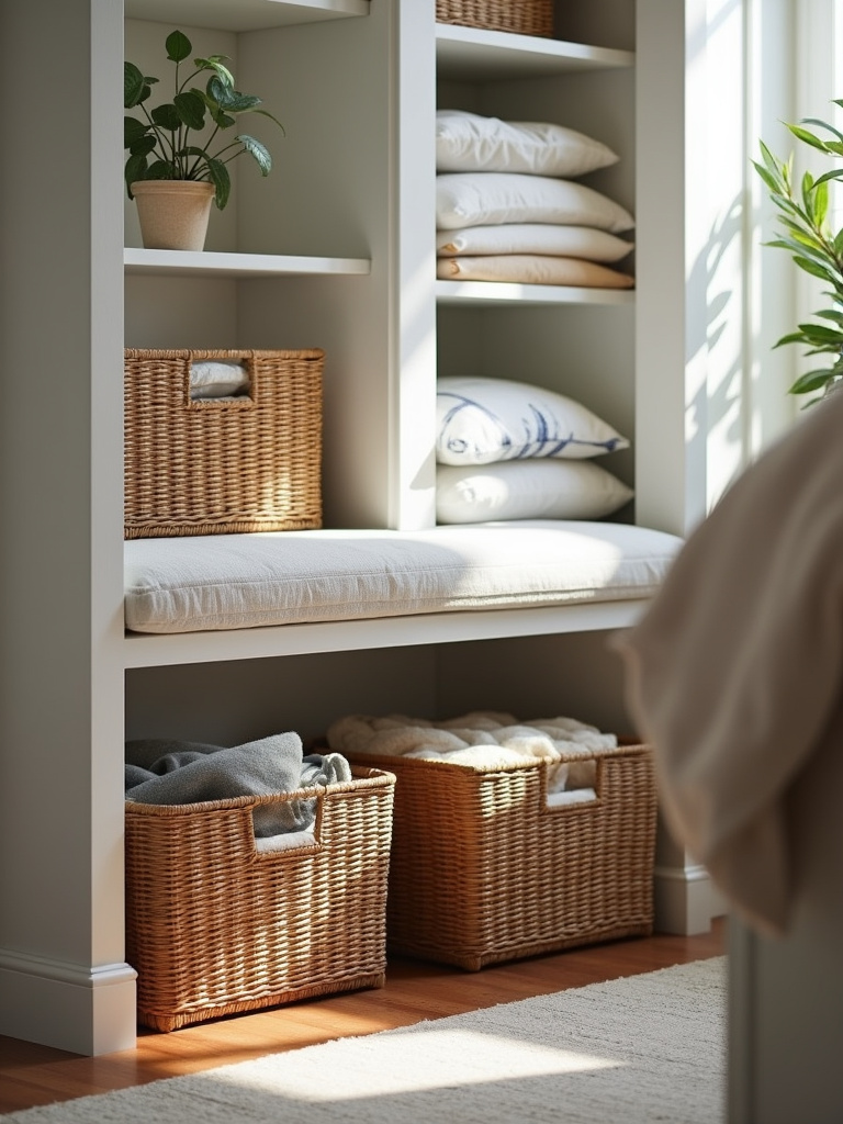An organized bedroom featuring woven storage baskets neatly storing blankets and pillows.