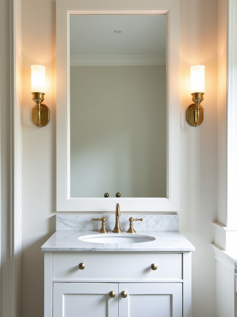 Classic bathroom vanity illuminated by elegant brass sconces flanking a rectangular mirror, creating a timeless and warm ambiance.