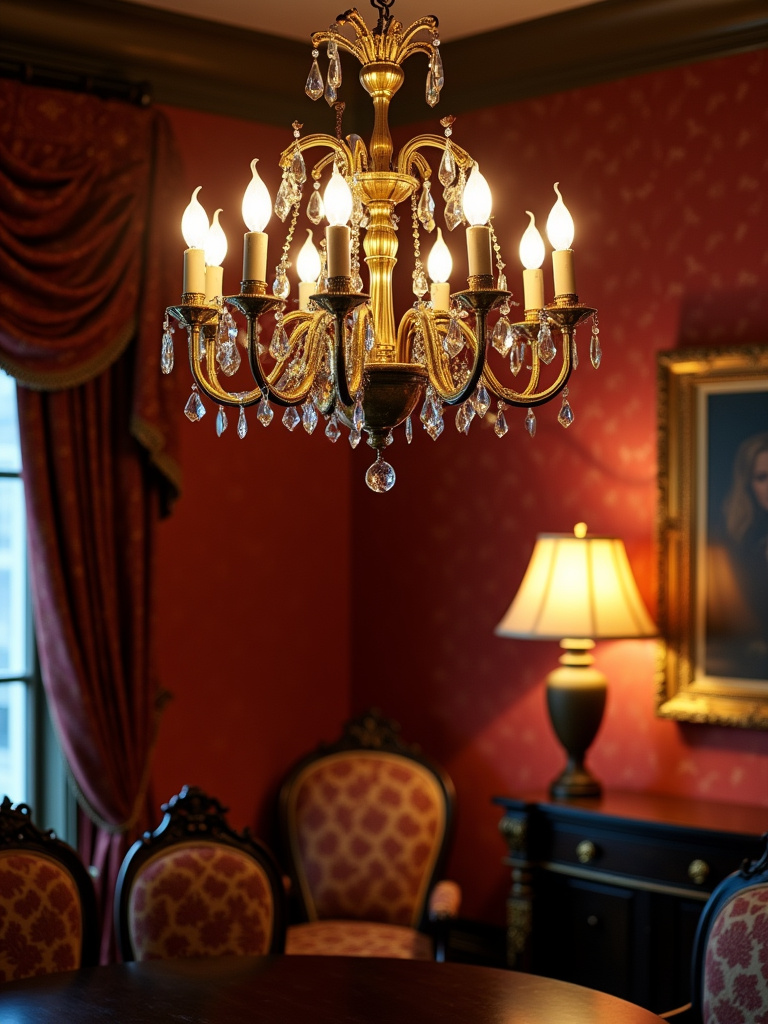 “Brass multi-tiered traditional chandelier in a formal dining room with dark wood furniture and red wallpaper.”