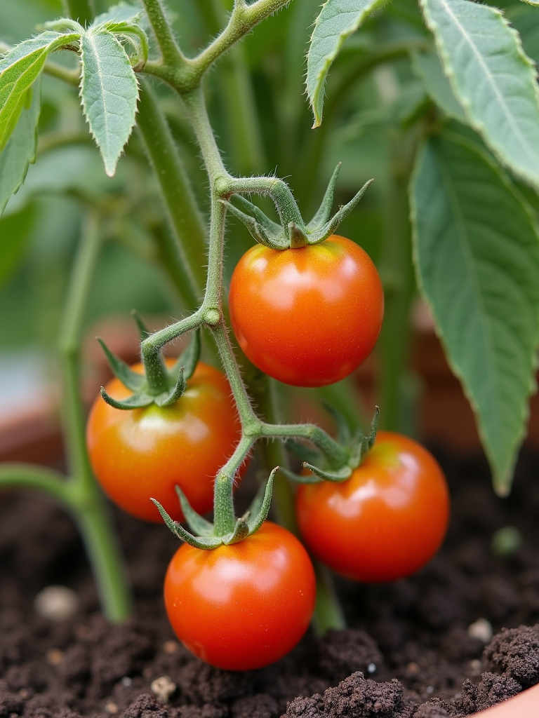 Thriving container tomato plant displaying proper staking, healthy foliage, and clusters of ripening tomatoes in a large container.