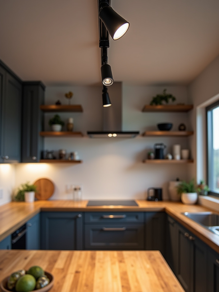 Black track lighting with adjustable spotlights illuminating different areas of a contemporary kitchen.