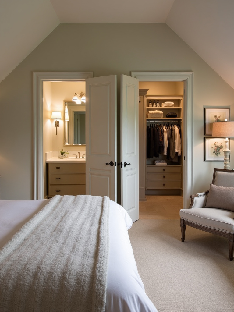 Luxurious master suite sanctuary transformed from an attic bedroom, featuring an en-suite bathroom, walk-in closet, and sophisticated design with elegant lighting.