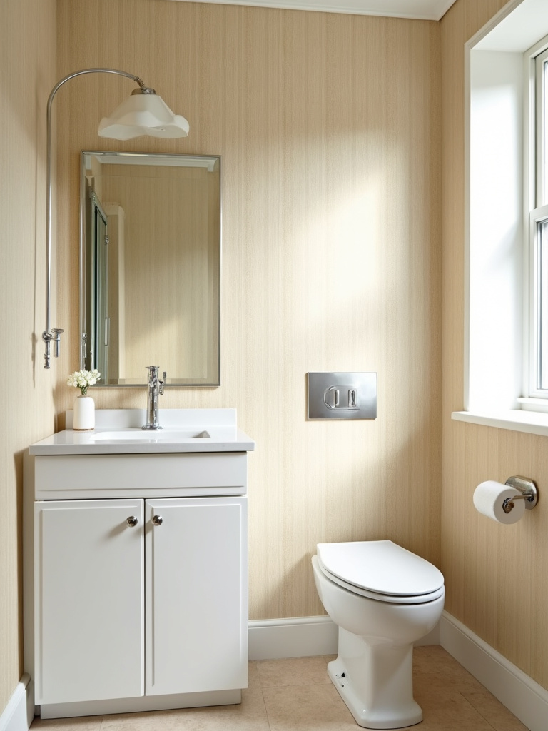 Bathroom featuring light beige grasscloth textured wallpaper, creating a warm and inviting spa-like ambiance.