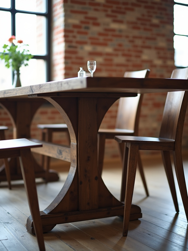 A rustic dining room showcasing a long wooden trestle table with simple chairs and an exposed brick wall background.