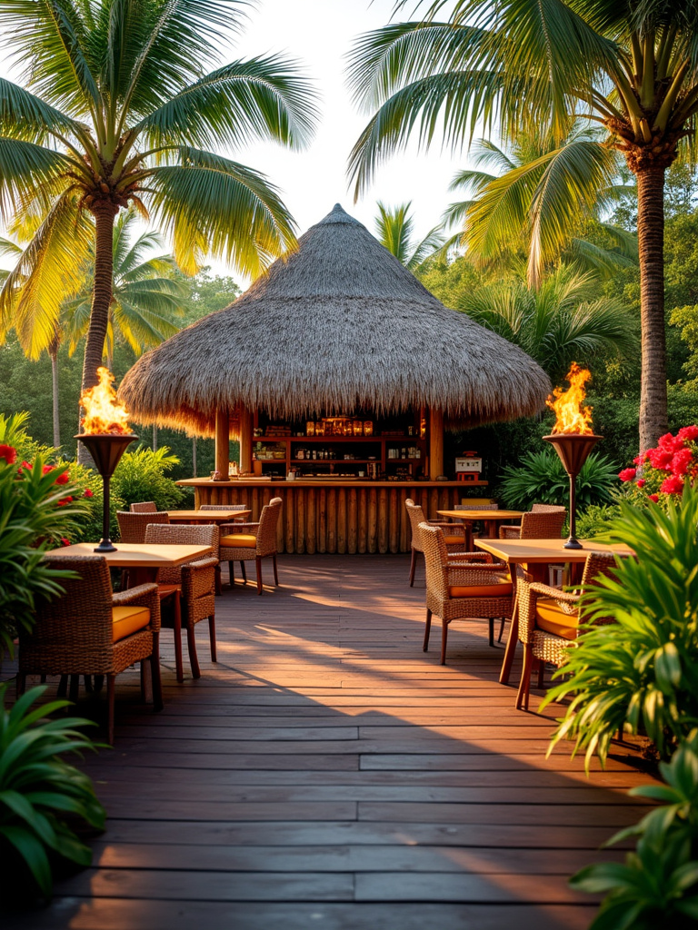 Lush tropical Tiki terrace with a thatched roof bar, palm trees, rattan furniture, and golden hour sunlight.