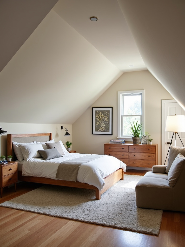 Attic bedroom transforming awkward angles into unique design assets with custom furniture and creative space utilization, highlighted by natural light from an angled window.