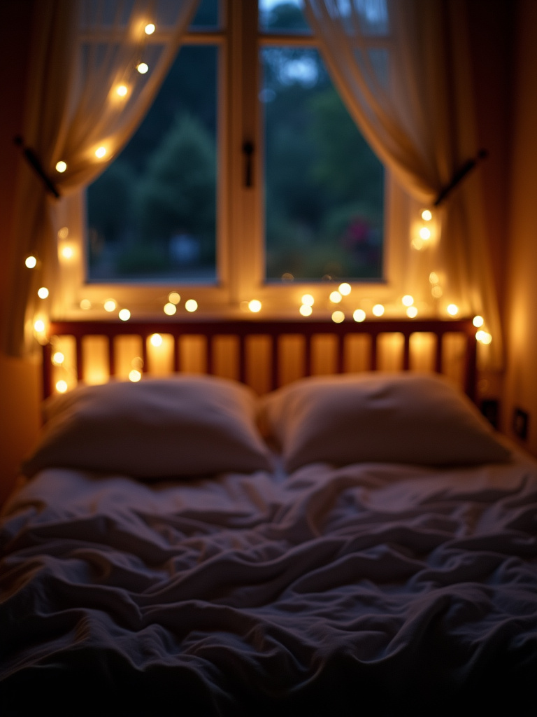 A magical bedroom at night illuminated by warm white twinkle lights draped around the bed and window.