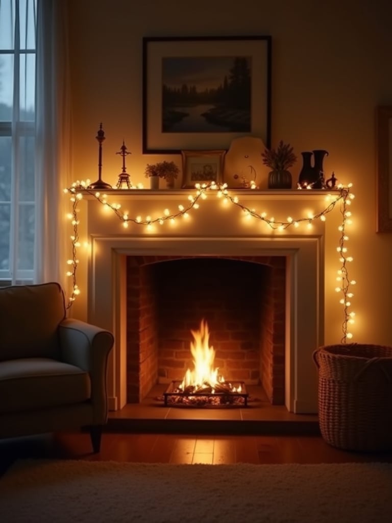 Warm white fairy lights illuminating a mantelpiece in a cozy living room at dusk.