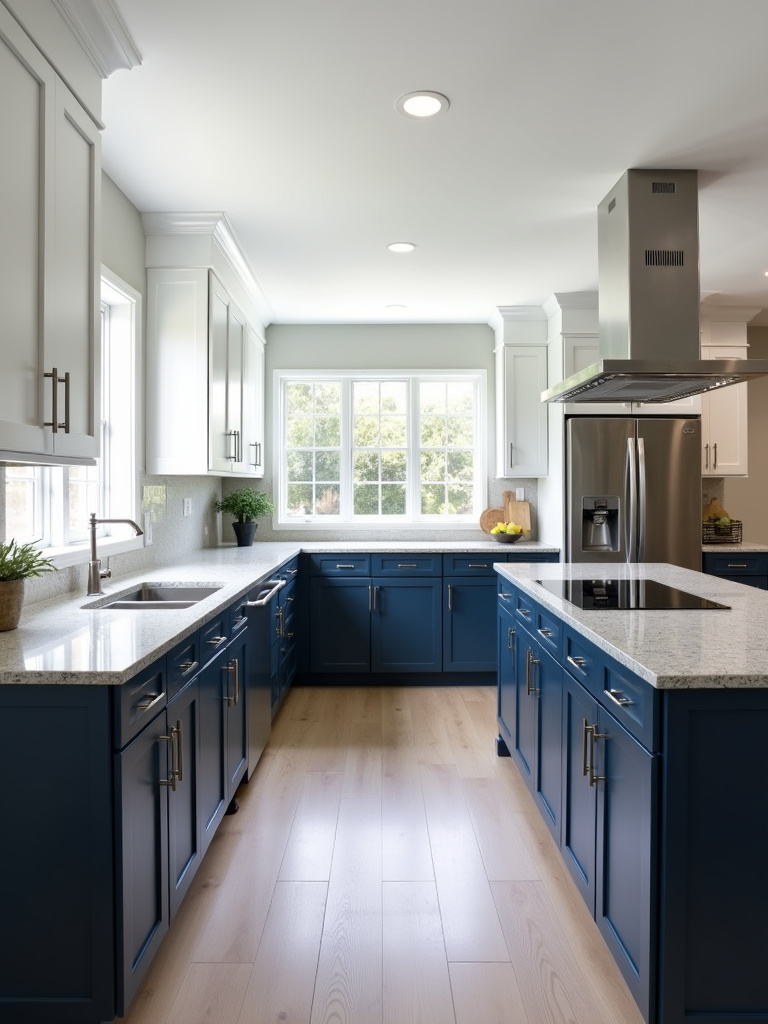Modern kitchen with two-tone cabinetry featuring white upper cabinets and navy blue lower cabinets and island.