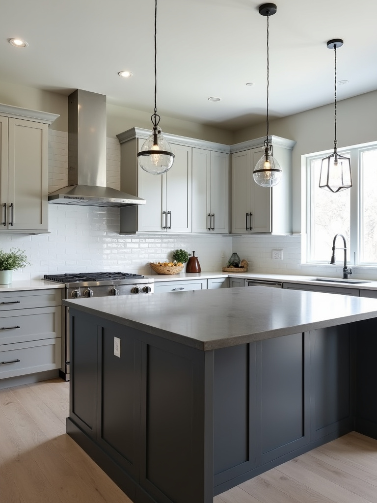Modern transitional kitchen featuring two-toned countertops: white quartz on the perimeter and dark gray concrete on the island, with contrasting cabinet colors.