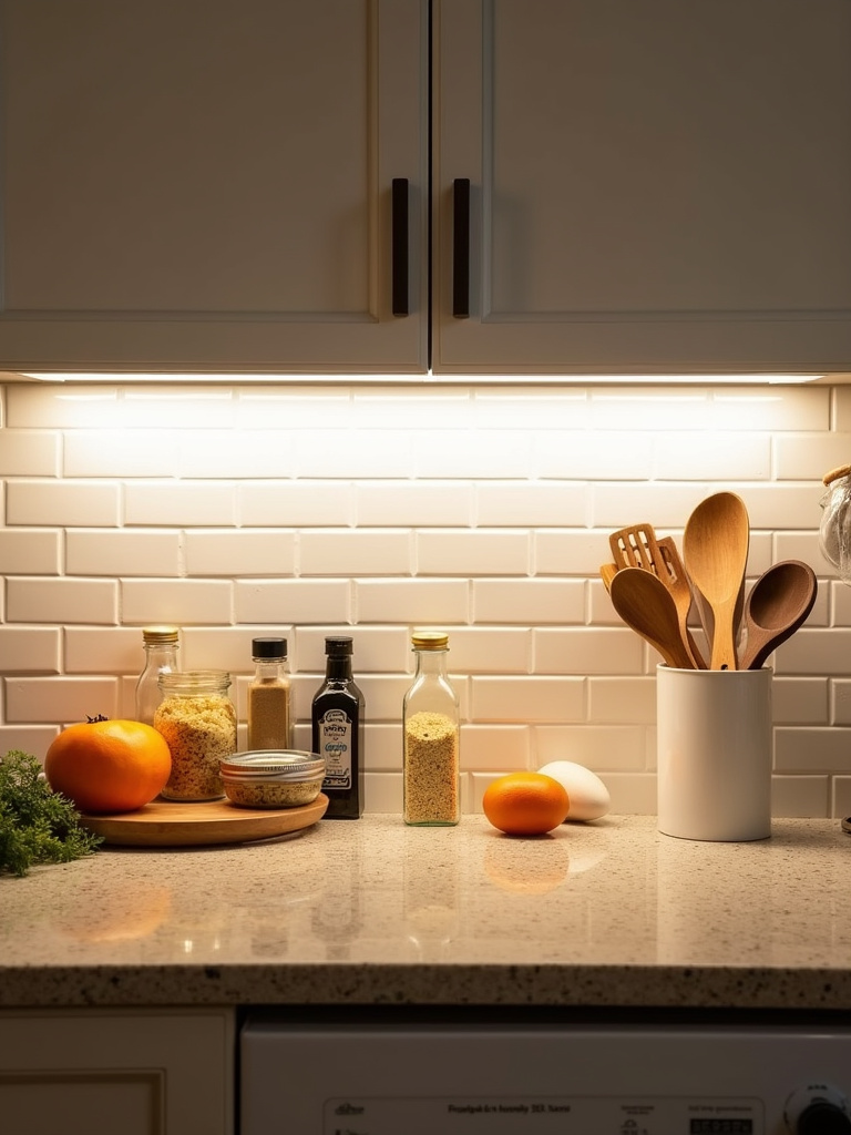 Warm white LED strip lights illuminating a kitchen countertop and subway tile backsplash.