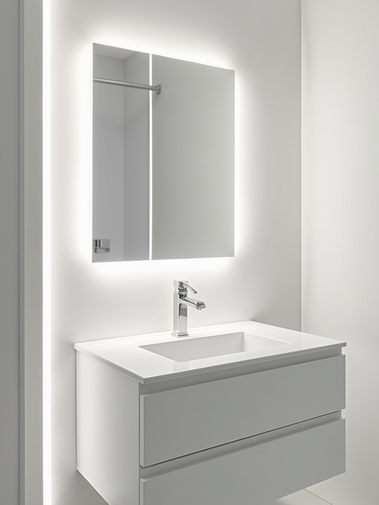Minimalist bathroom vanity with hidden LED strip lighting behind a frameless mirror, providing understated brilliance and a soft halo effect.
