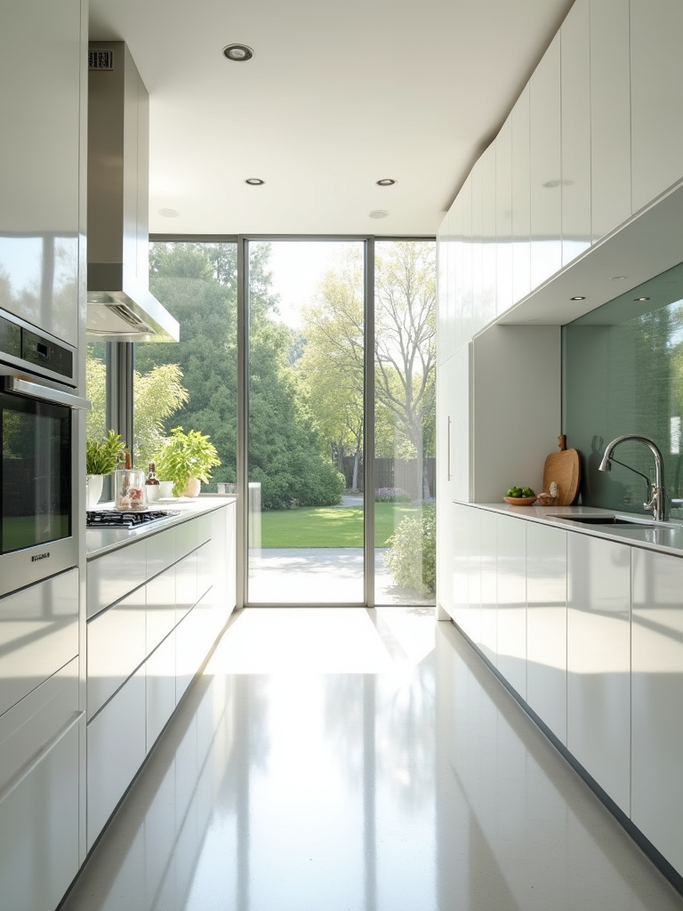 A modern white kitchen bathed in sunlight, featuring large windows, high-gloss cabinets and a white quartz countertop.
