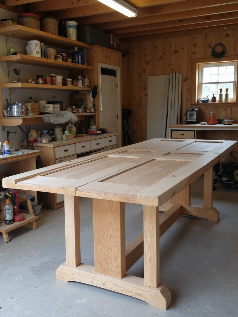 A workshop setting showcasing an upcycled dining table creatively made from a reclaimed wooden door, surrounded by tools and materials.