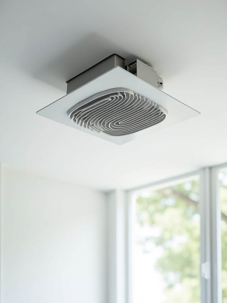 Modern white bathroom exhaust fan installed in a minimalist ceiling, highlighting upgraded ventilation.
