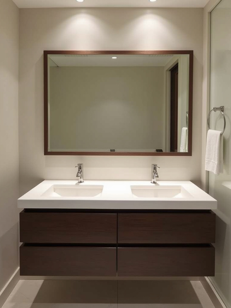 Modern bathroom with a dark wood floating vanity, white quartz countertop, and double sinks.