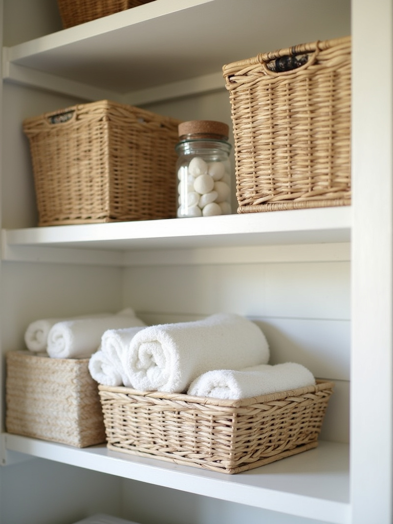 Organized farmhouse laundry bathroom shelves with woven baskets and labeled storage.
