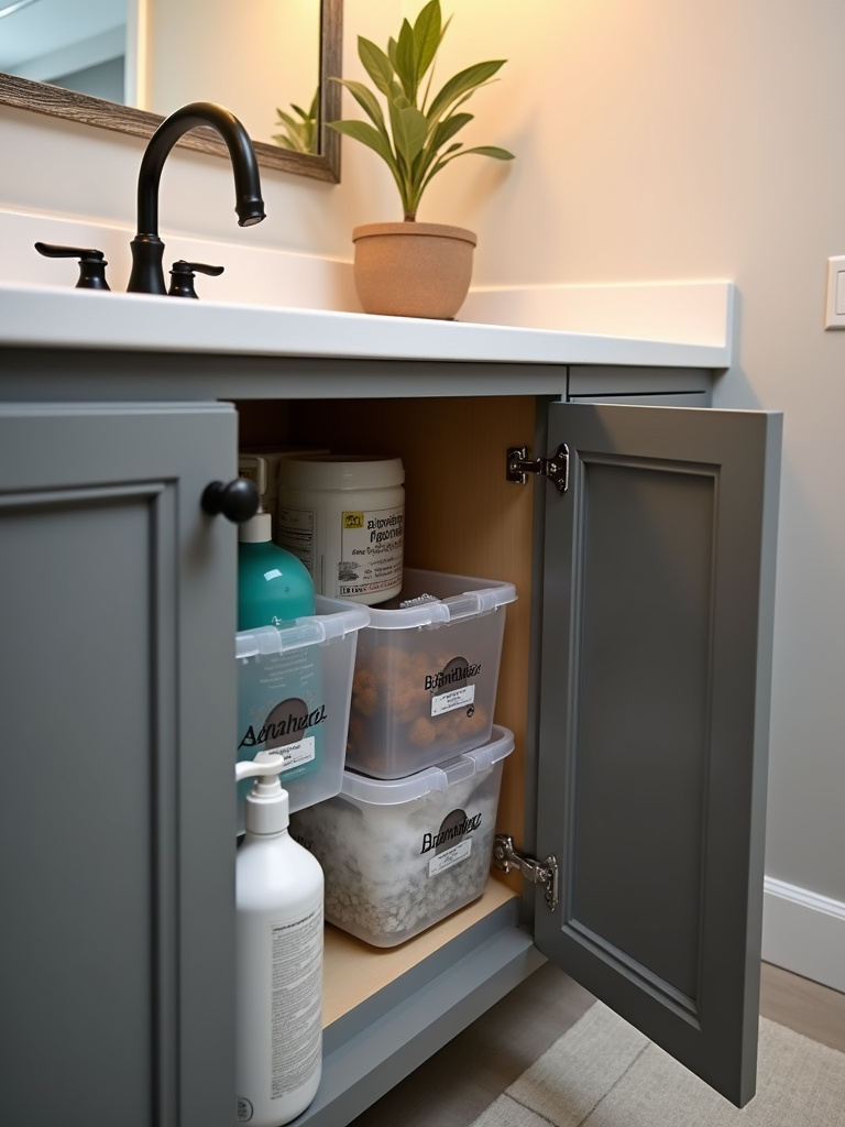 Organized under-sink storage in a modern farmhouse laundry bathroom vanity.