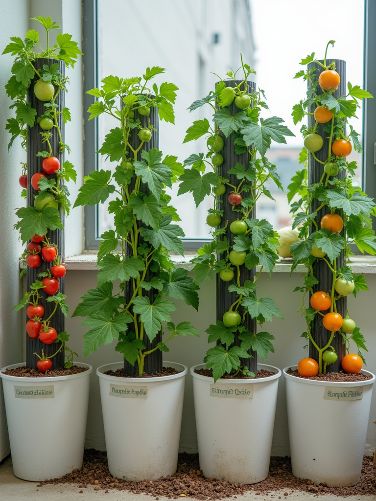 Multiple container gardens with vertical supports displaying climbing vegetables like pole beans, peas, and cucumbers growing upward on different trellis systems.