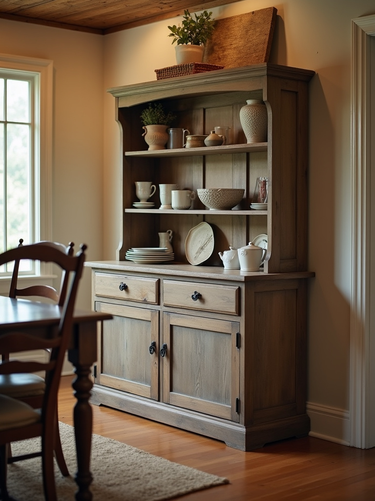 Farmhouse dining room with a vintage hutch providing storage and style.